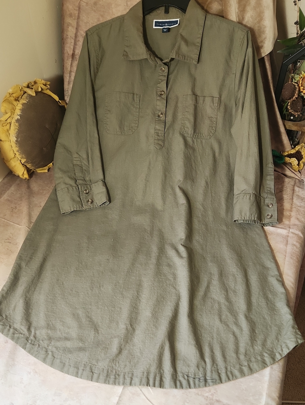 Karen Scott Olive Green Long-Sleeve Shirt Dress